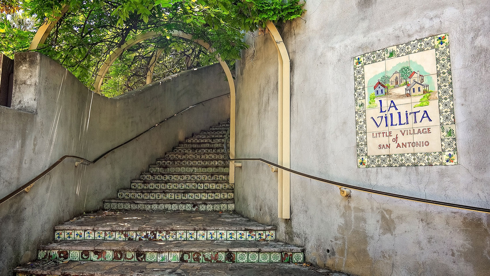 Decorative tile staircase at La Villita Historic Arts Village, steps from Riverwalk