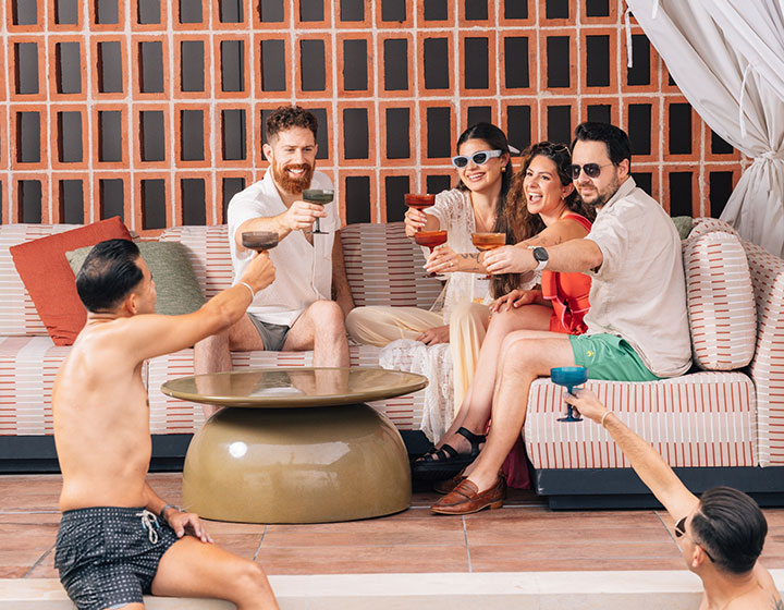 Wedding guests at the pool